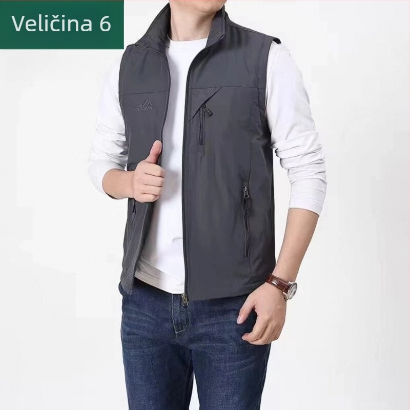 Muška windproof outdoor vesta s višestrukim džepovima, lagani poliester, bočni džepovi, ravni rub, sportski stil