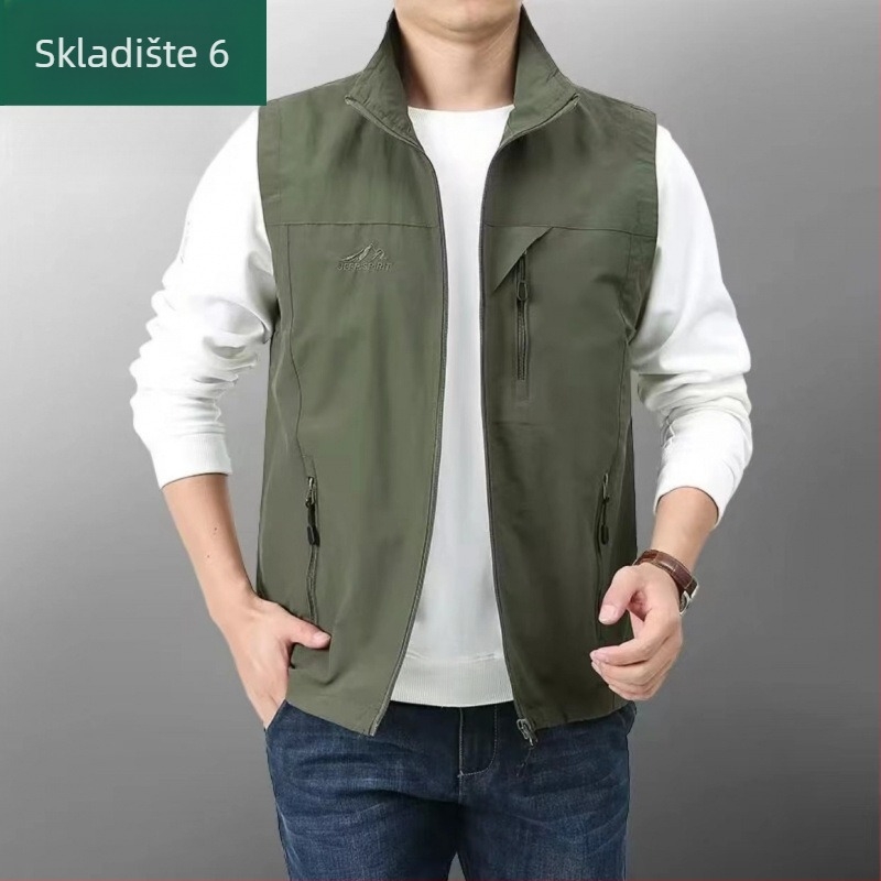 Muška windproof outdoor vesta s višestrukim džepovima, lagani poliester, bočni džepovi, ravni rub, sportski stil