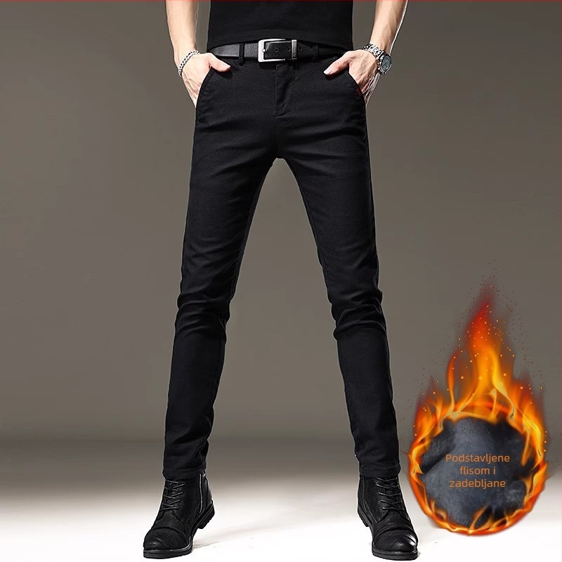 Muške crne traperice s fleece podstavom za zimu, elastične, visoke kvalitete, poslovno-casual slim-fit