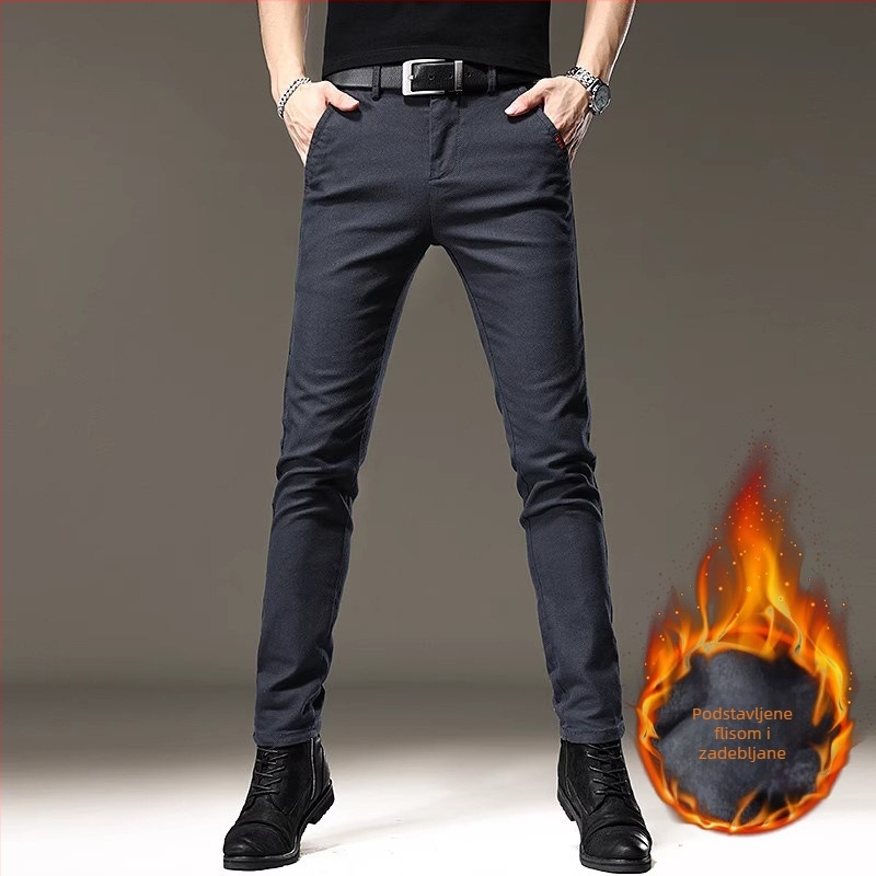 Muške crne traperice s fleece podstavom za zimu, elastične, visoke kvalitete, poslovno-casual slim-fit
