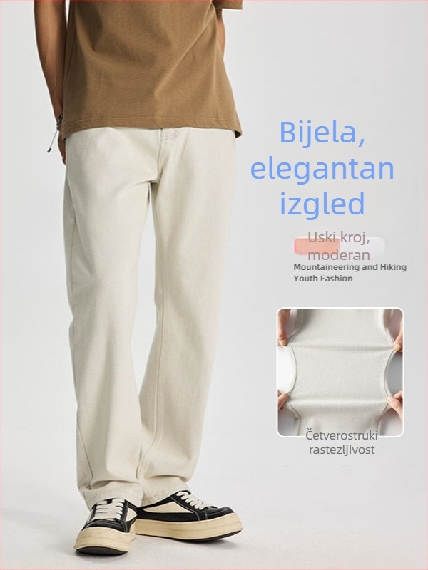 Muške traperice od denima u boji off-white, četiri smjera rastezljivosti, američki stil high-street mode, ravni kroj dugih hlaća