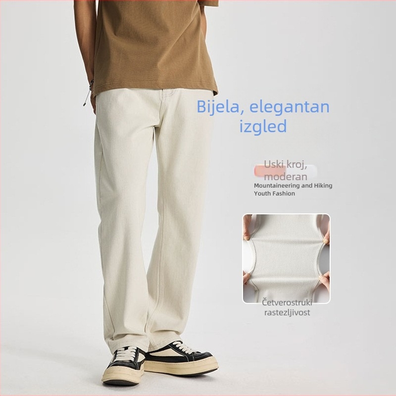 Muške traperice od denima u boji off-white, četiri smjera rastezljivosti, američki stil high-street mode, ravni kroj dugih hlaća