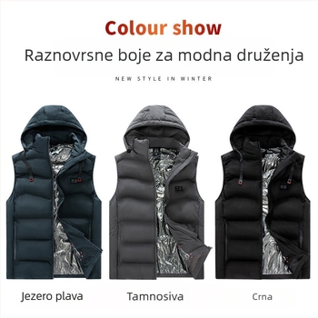 Grijani prsluk s kapuljom - devet zona grafensko grijanje, dvostruka kontrola, zip sprijeda, stojeći ovratnik