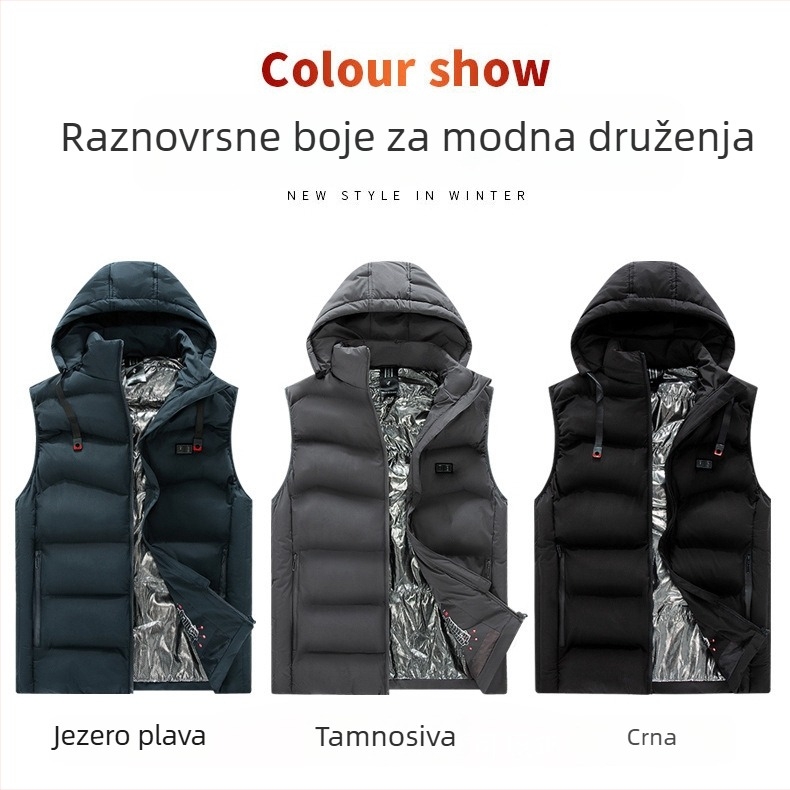 Grijani prsluk s kapuljom - devet zona grafensko grijanje, dvostruka kontrola, zip sprijeda, stojeći ovratnik