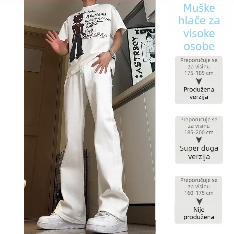 Muške bijele hlače s produženom dužinom od 5 cm, američki high street stil, blago proširene, s fleece-om iznutra