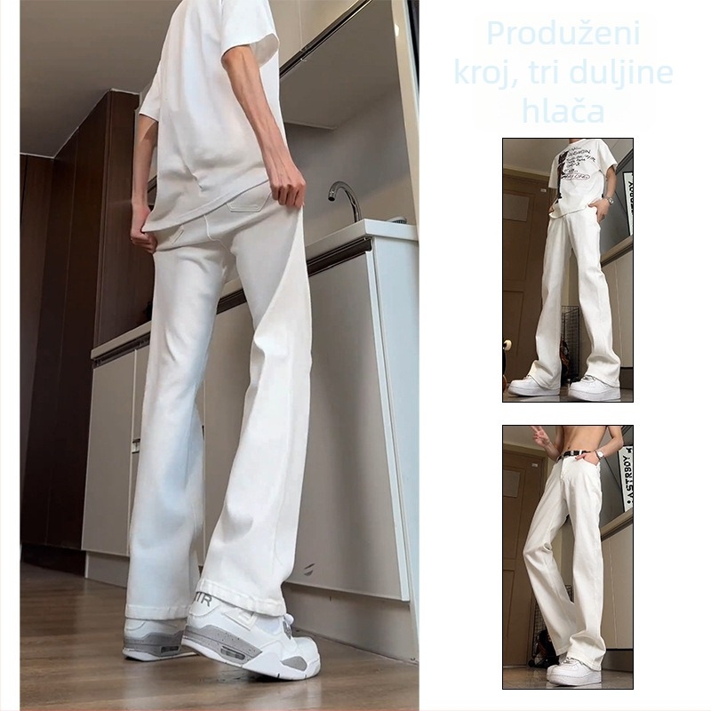 Muške bijele hlače s produženom dužinom od 5 cm, američki high street stil, blago proširene, s fleece-om iznutra