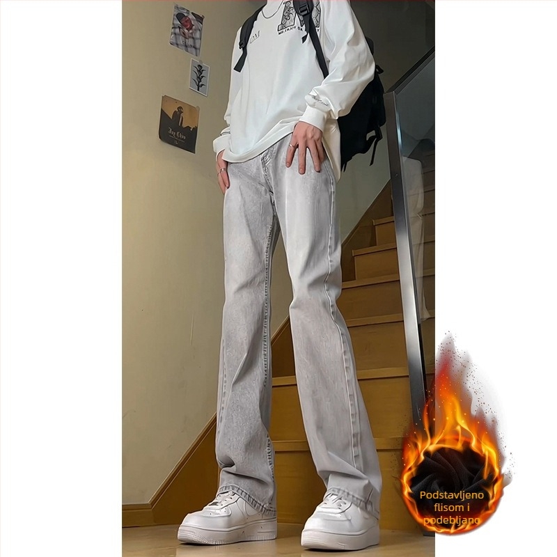 Muške bijele hlače s produženom dužinom od 5 cm, američki high street stil, blago proširene, s fleece-om iznutra