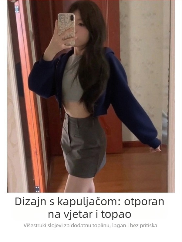 Ženska kratka hoodie jakna u tamnoplavoj boji, uskog kroja, sportski kardigan
