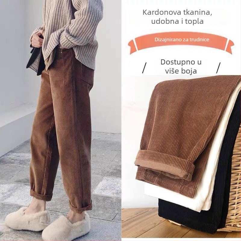 Trudničke hlače od Corduroya s podrškom za trbuh, srednje debljine, udoban kroj, flis unutarnja, harém stil, proljeće-zima