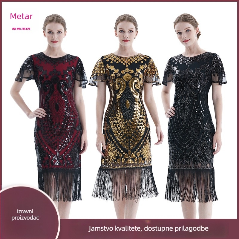 Haljina u Gatsby stilu s perlama i mrežastom tkaninom, kratki rukavi, duboki V izrez, štras i resice; tkanina: poliestersko/nylon smjesa, glavni sastav 50–70%, srednja duljina suknje