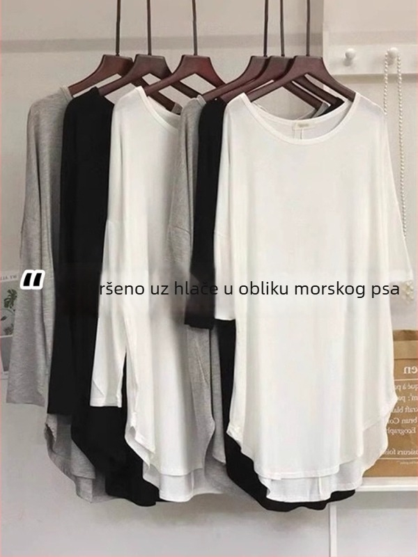 Plus veličine ženski T-shirt od modalnog led silka, kratki rukavi, opušten kroj, srednja duljina, set s Shark hlačama