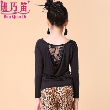 Leopard print latinska plesna set za djevojčice, top s dugim rukavima i široke hlače, proljeće‑jesen nastup, materijal: nylon ice yarn (85% nylon)