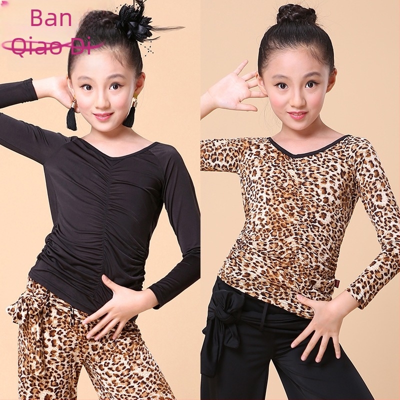 Leopard print latinska plesna set za djevojčice, top s dugim rukavima i široke hlače, proljeće‑jesen nastup, materijal: nylon ice yarn (85% nylon)