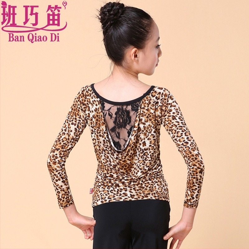 Leopard print latinska plesna set za djevojčice, top s dugim rukavima i široke hlače, proljeće‑jesen nastup, materijal: nylon ice yarn (85% nylon)