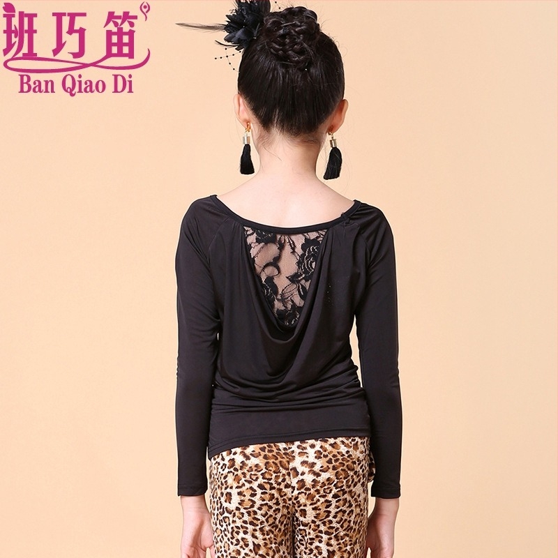 Leopard print latinska plesna set za djevojčice, top s dugim rukavima i široke hlače, proljeće‑jesen nastup, materijal: nylon ice yarn (85% nylon)