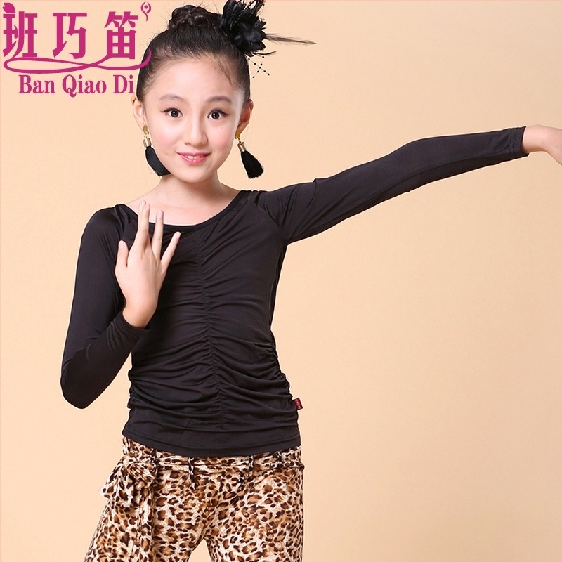 Leopard print latinska plesna set za djevojčice, top s dugim rukavima i široke hlače, proljeće‑jesen nastup, materijal: nylon ice yarn (85% nylon)