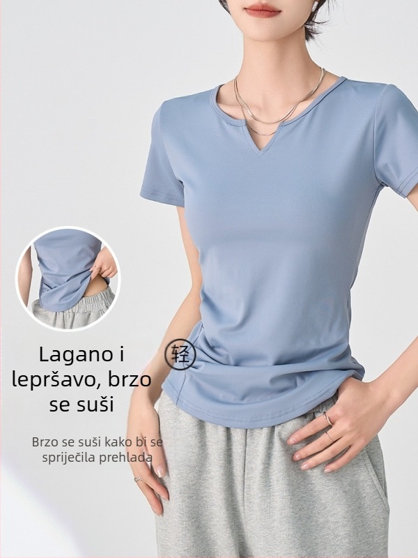 Ženska majica s V izrezom, kratki rukavi, plisirane ramene, uski kroj, za proljeće i ljeto
