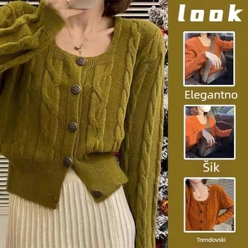 Korejski stil twist kardigan s kvadratnim ovratnikom, vuneno-nylon smjesa, uobičajena debljina, dugi rukavi