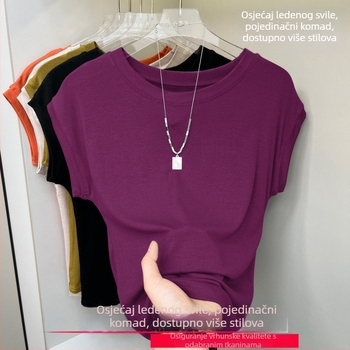 Ženski T-shirt s kratkim rukavima i okruglim izrezom, ribirana Ice Silk tkanina, jednobojan, prozračan, s batwing rukavima, za svakodnevnu upotrebu