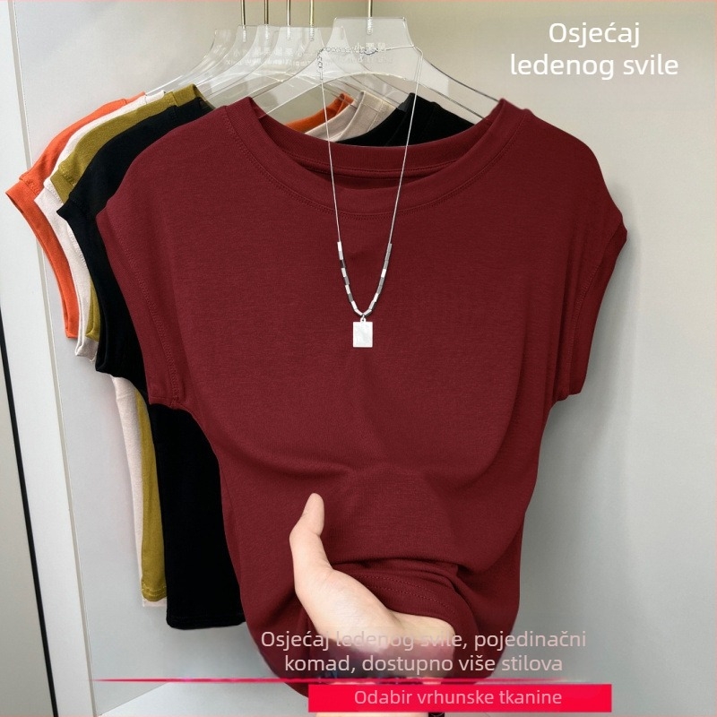 Ženski T-shirt s kratkim rukavima i okruglim izrezom, ribirana Ice Silk tkanina, jednobojan, prozračan, s batwing rukavima, za svakodnevnu upotrebu