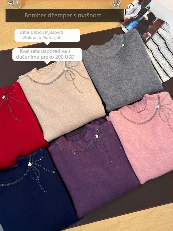 Pleteni džemper od vunene smjese s kristalima, okrugli ovratnik, uzorak mašna, poliester 30–50%