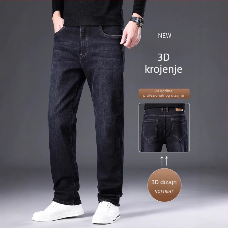 Muške crne traperice, opuštenog ravnog kroja, rastezljiv denim, proljeće–jesen 2025