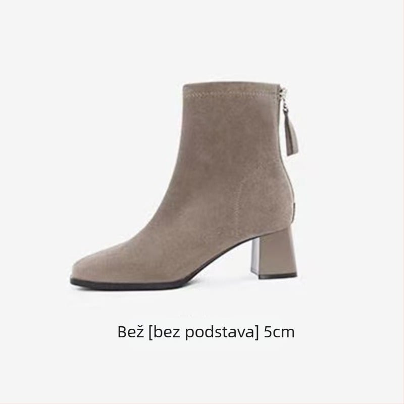 Uske žene čizme skinny s četvrtastim vrhom i debelim petama 6–8 cm, gornji materijal nubuk, zatvarač, gumeni potplat