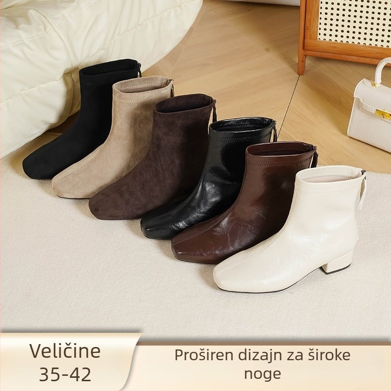 Love Milan Ženske čizme u korejskom stilu s debelim petom, kvadratni vrh, stražnji zatvarač, visina pete 3–5 cm