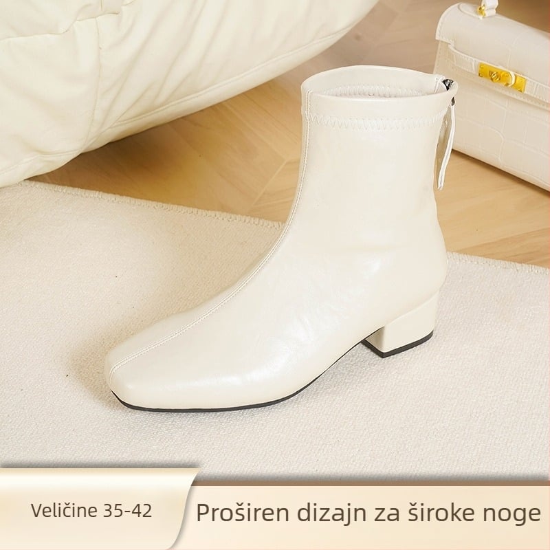 Love Milan Ženske čizme u korejskom stilu s debelim petom, kvadratni vrh, stražnji zatvarač, visina pete 3–5 cm