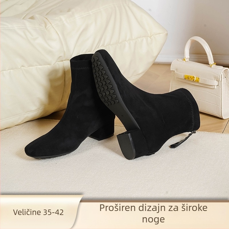 Love Milan Ženske čizme u korejskom stilu s debelim petom, kvadratni vrh, stražnji zatvarač, visina pete 3–5 cm