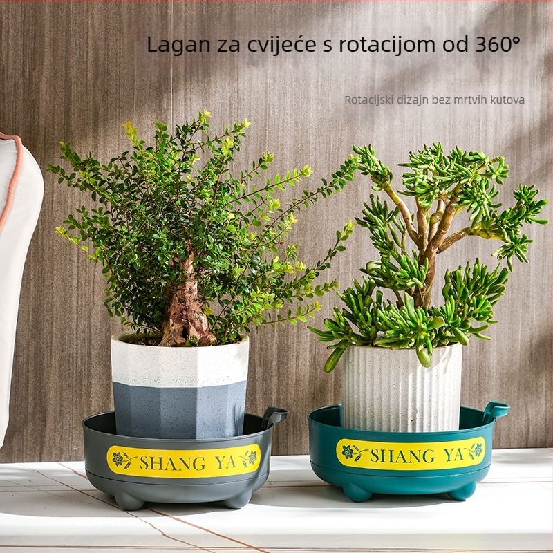 Pladanj za saksije s rotacijom od 360°, s kotačićima i odvodom; materijal PP/PET; proizvodnja injekcijskim oblikovanjem; prozračan i izdržljiv