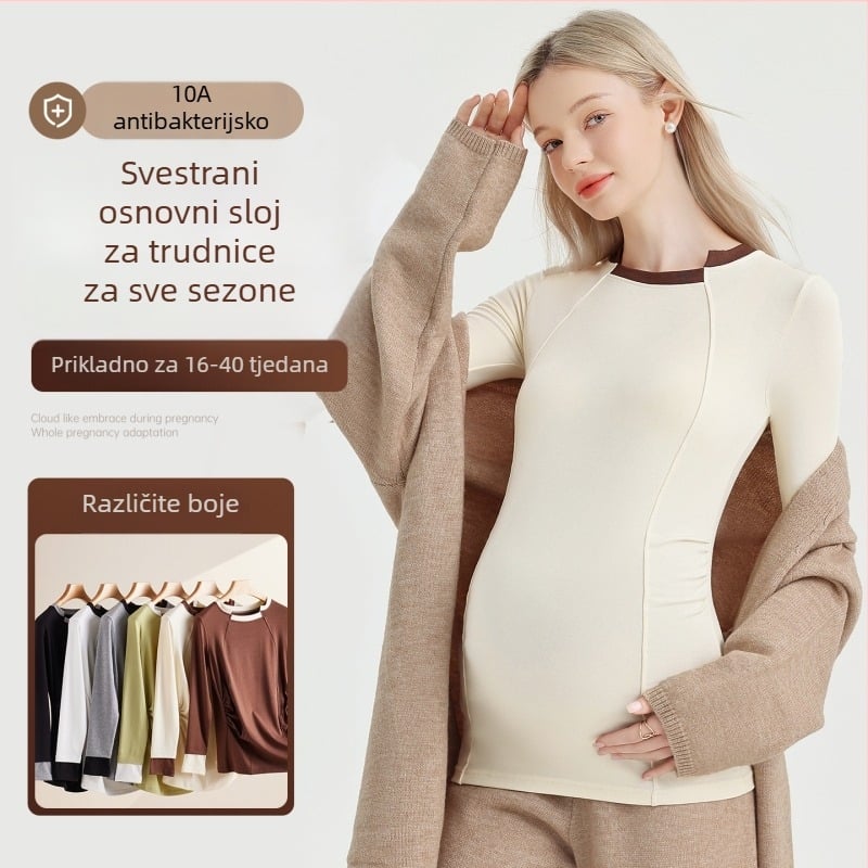 Trudnički top s dugim rukavima, jednobojni uzorak, nepravilni ovratnik, pamuk 50–70%