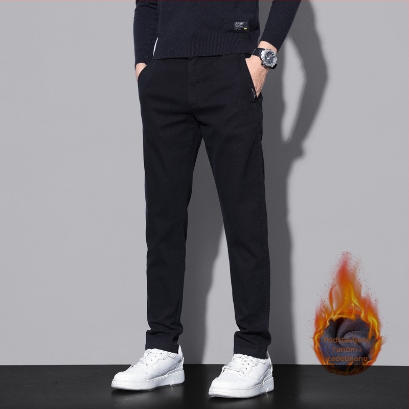 Jesensko-zimske muške casual hlače u korejskom stilu, ravni kroj, rastezljive, s flis podstavom, poslovni casual stil