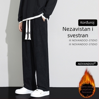 Corduroy sportske ležerne hlače za muškarce, slobodan kroj, srednji pojas, vezivanje, 100% poliester