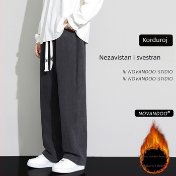 Corduroy sportske ležerne hlače za muškarce, slobodan kroj, srednji pojas, vezivanje, 100% poliester