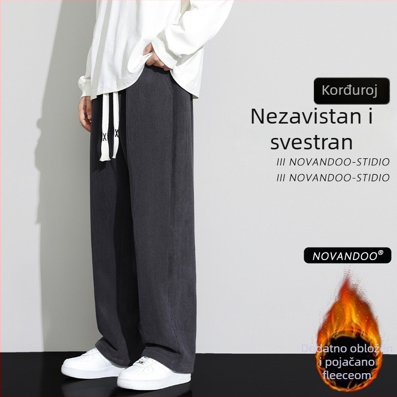 Corduroy sportske ležerne hlače za muškarce, slobodan kroj, srednji pojas, vezivanje, 100% poliester