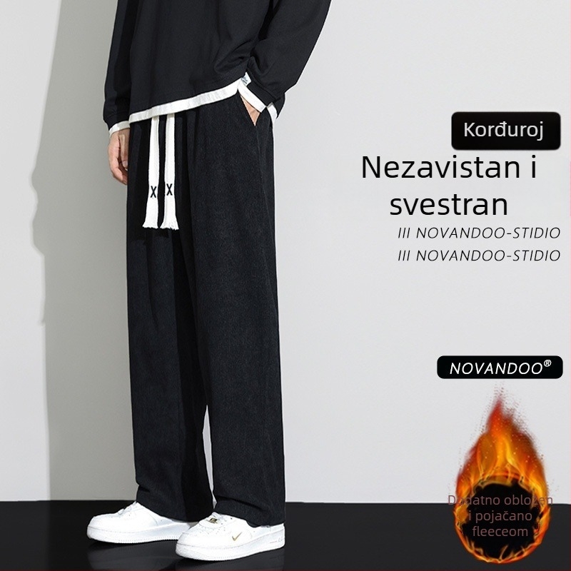 Corduroy sportske ležerne hlače za muškarce, slobodan kroj, srednji pojas, vezivanje, 100% poliester