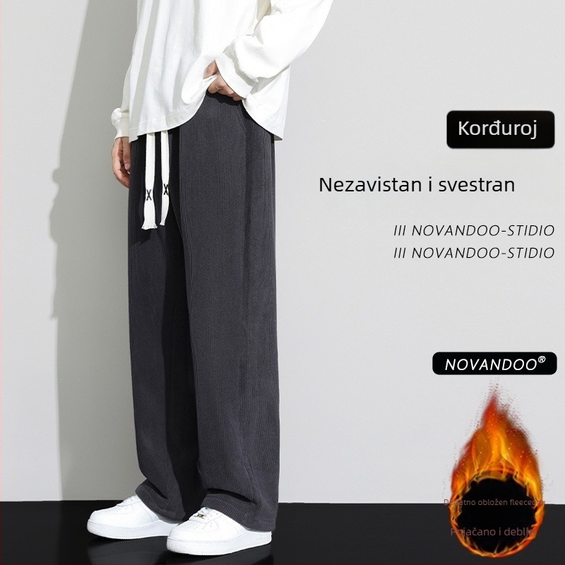 Corduroy sportske ležerne hlače za muškarce, slobodan kroj, srednji pojas, vezivanje, 100% poliester