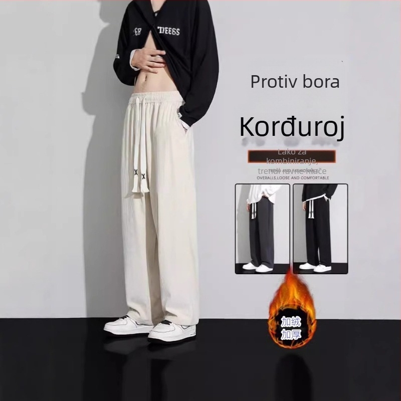 Corduroy sportske ležerne hlače za muškarce, slobodan kroj, srednji pojas, vezivanje, 100% poliester