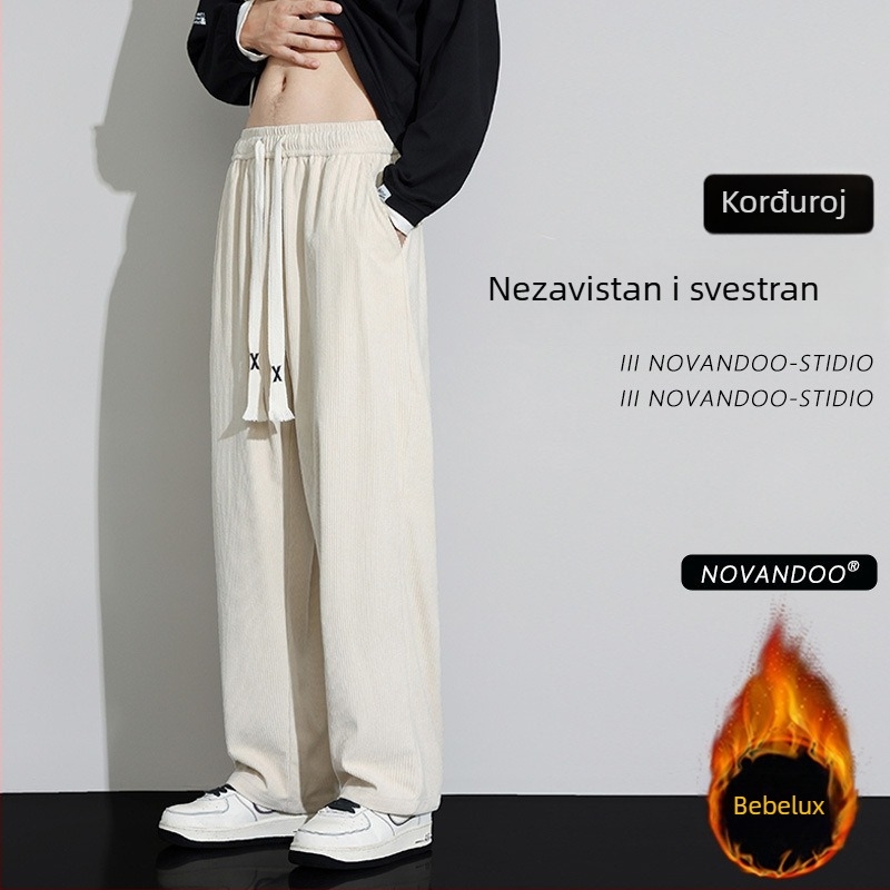 Corduroy sportske ležerne hlače za muškarce, slobodan kroj, srednji pojas, vezivanje, 100% poliester