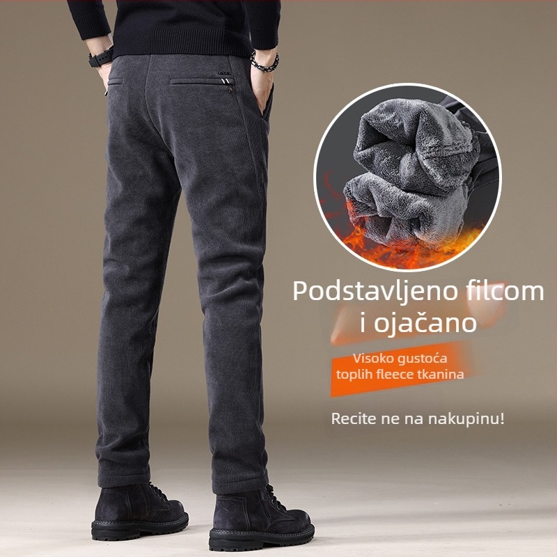 Muške casual hlače od corduroy s fleece podstavom, tapered kroj, duge hlače, srednji struk