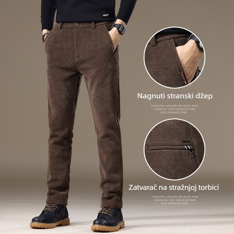 Muške casual hlače od corduroy s fleece podstavom, tapered kroj, duge hlače, srednji struk