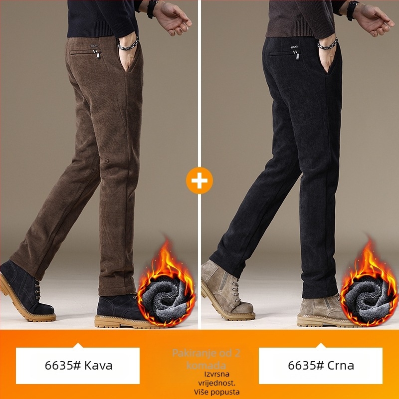 Muške casual hlače od corduroy s fleece podstavom, tapered kroj, duge hlače, srednji struk