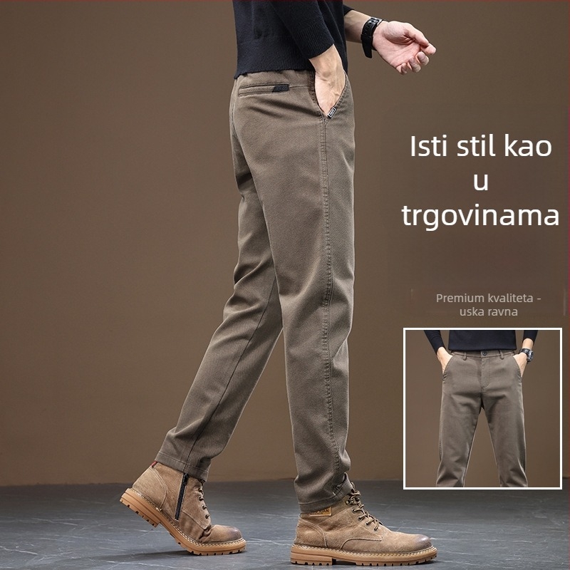 Muške jesenske casual hlače od pamukasto-mješovite tkanine, ravnog kroja, srednji struk, s remenom, zatvaračem, mikroelastične, flis podstava