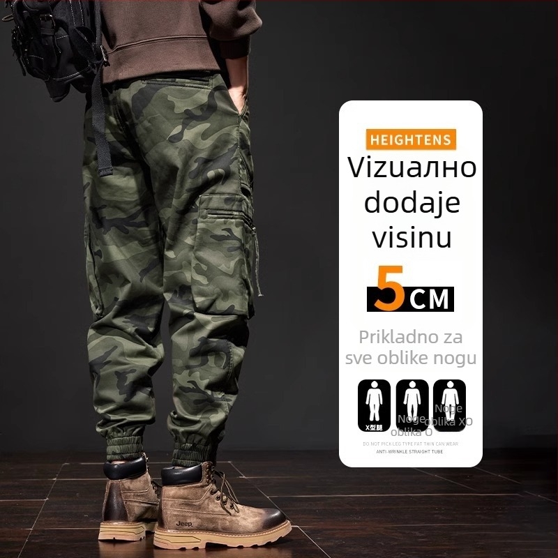 Muške kamuflažne pamukne cargo hlače – srednji pojas, ležerni kroj, s remenom, padobranski stil, za aktivnosti na otvorenom