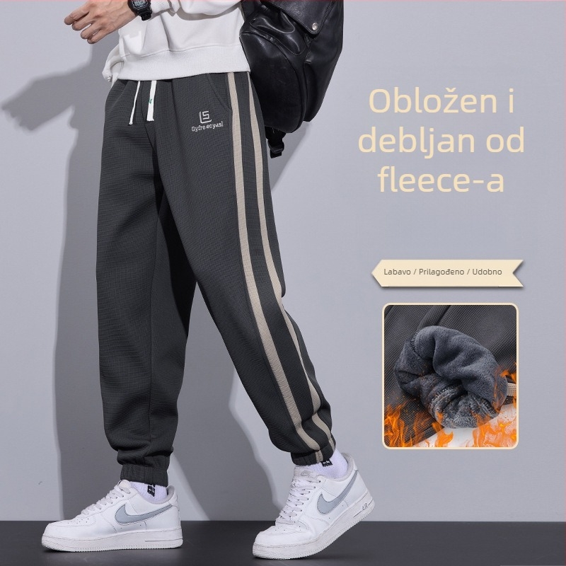 Muške zimske casual hlače, slobodnog kroja, s vezivanjem, srednje visoki struk, poliester-elastan mješavina, fleksi podstava