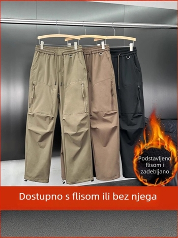 Muške hlače za jesen i zimu s flis podstavom, debele, u američkom stilu planinarske/radne odjeće, tkanina s tri zaštitne karakteristike, više džepova, ravni kroj