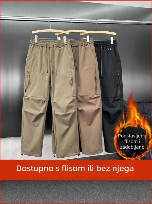 Muške hlače za jesen i zimu s flis podstavom, debele, u američkom stilu planinarske/radne odjeće, tkanina s tri zaštitne karakteristike, više džepova, ravni kroj