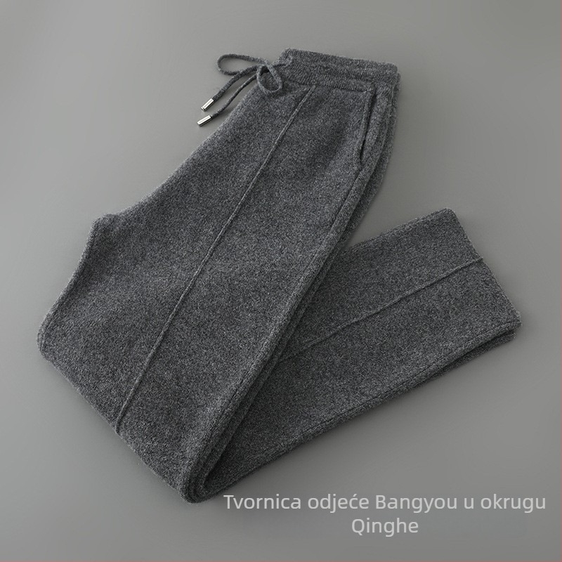 Muške hlače od 100% čiste vune, ravnog kroja, širokih nogavica, duljine 9/10, visokim strukom, debeli pleteni vuneni casual hlače za jesen