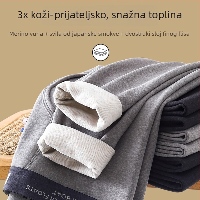 Muške tople hlače od vune–svile smjesa; podstava fleece; dvostruki sloj; debljina 301–350 g/m² (Materijal: vuna-svilna smjesa; Podstava: fleece; Slojovi: dvostruki; Debljina: 301–350 g/m²; Funkcija: toplo, Anti-Pilling)